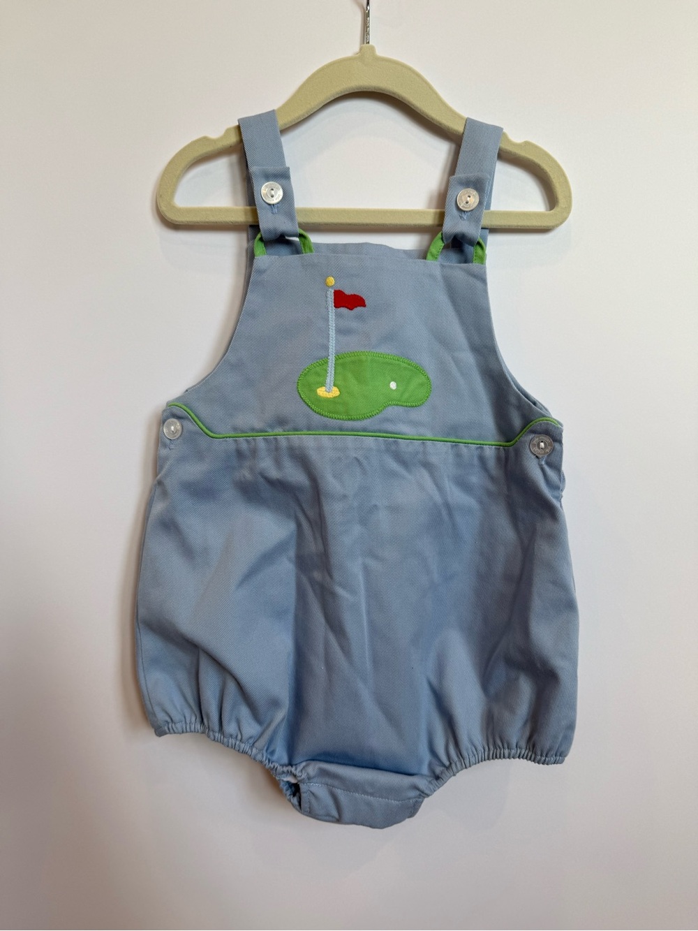 Little English Light Blue Bubble Romper with Green Straps